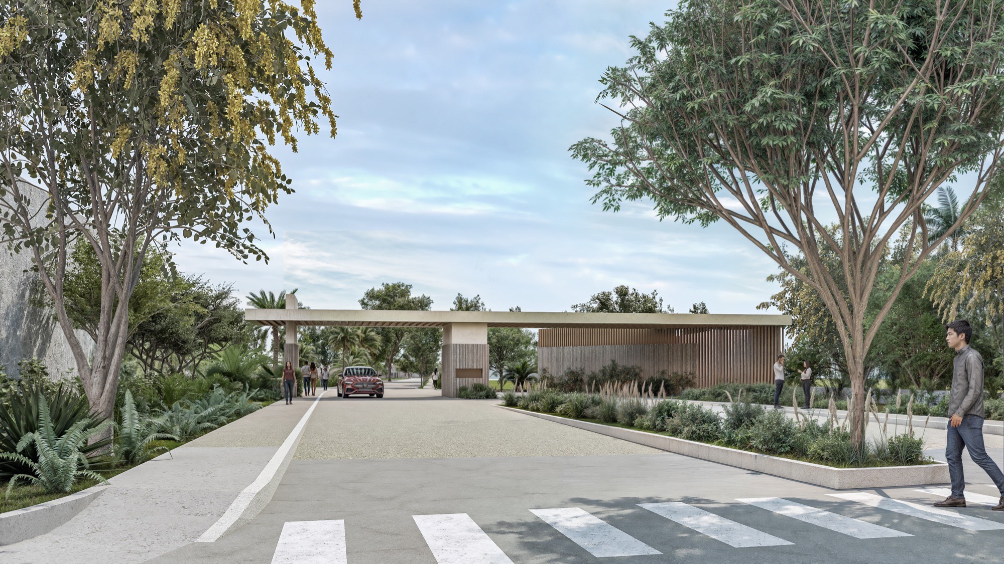 Acceso de Zendra Living: caseta y portón contemporáneo entre vegetación tropical, en Bahía de Banderas.